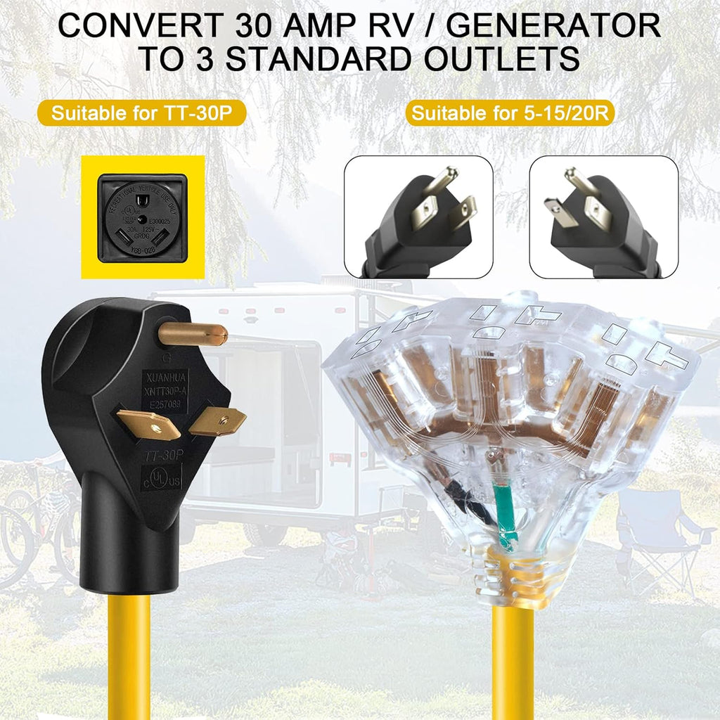30 Amp to 15 Amp RV Adapter Extension Cord, 3-Way Outlet Splitter, 125 Volt, 10AWG, 2ft I5948