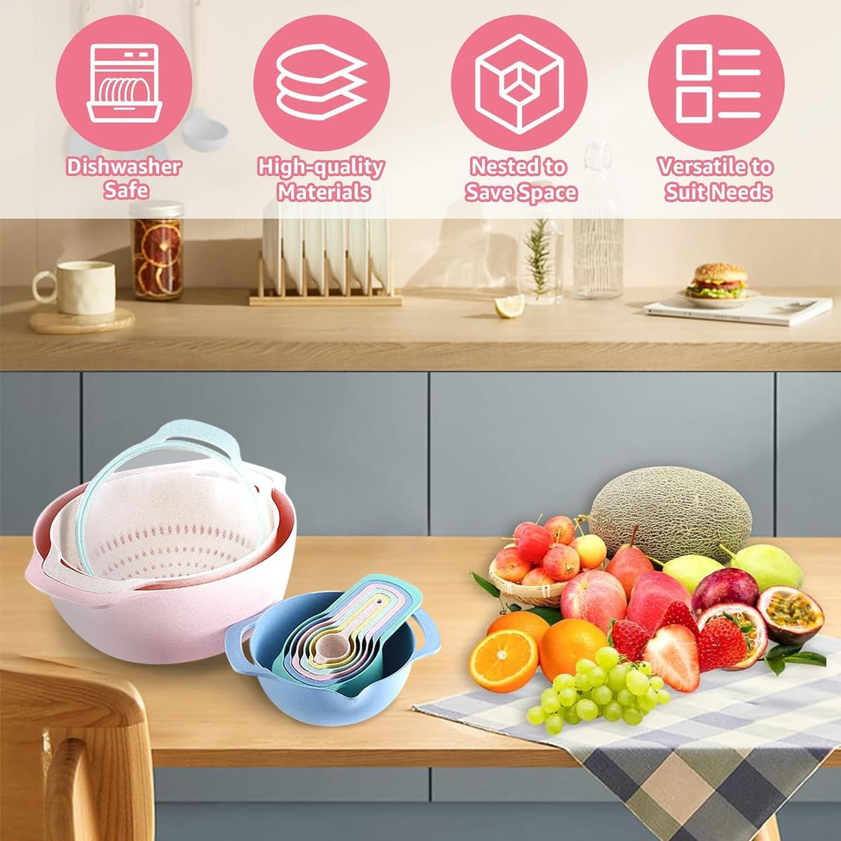 10 Piece Nesting Bowls Set with Measuring Cups Colander and Sifter J1266