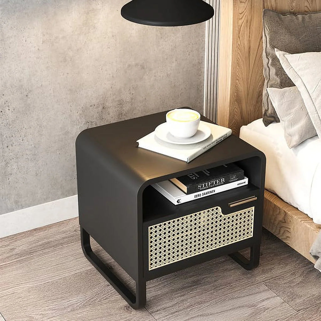 Black Rattan Woven Nightstand with 1 Drawer Q846609
