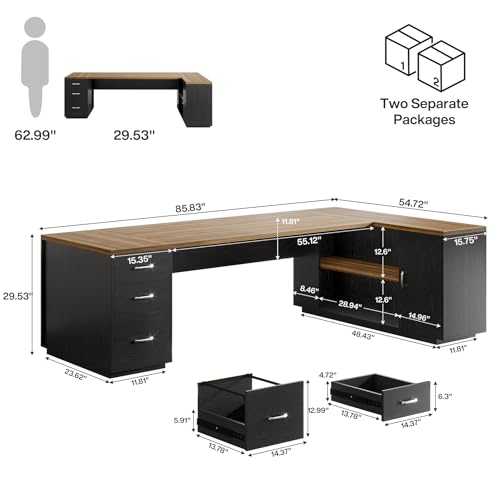 85.8-Inch L-Shaped Executive Desk with File Drawers, Door Cabinet & Shelves, White & Brown K153