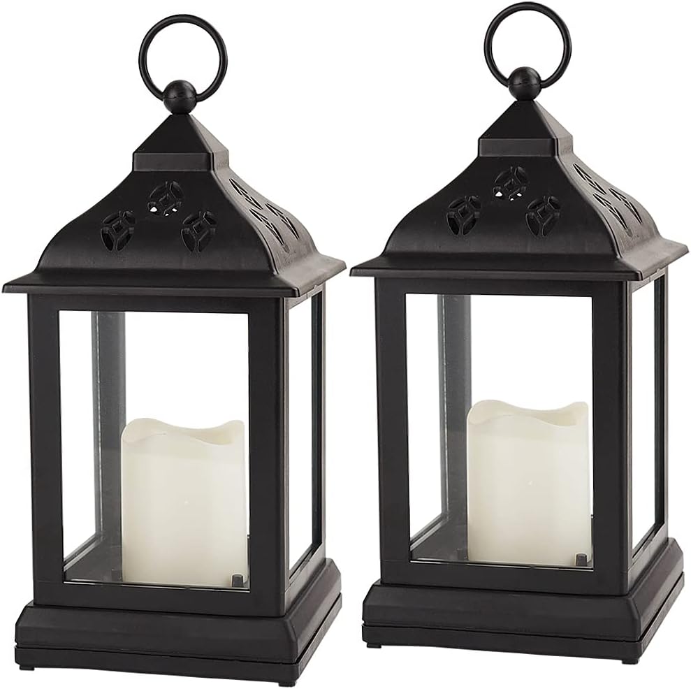 Black Indoor Candle Lantern with LED Flameless Candle and Timer 2-Pack Z135
