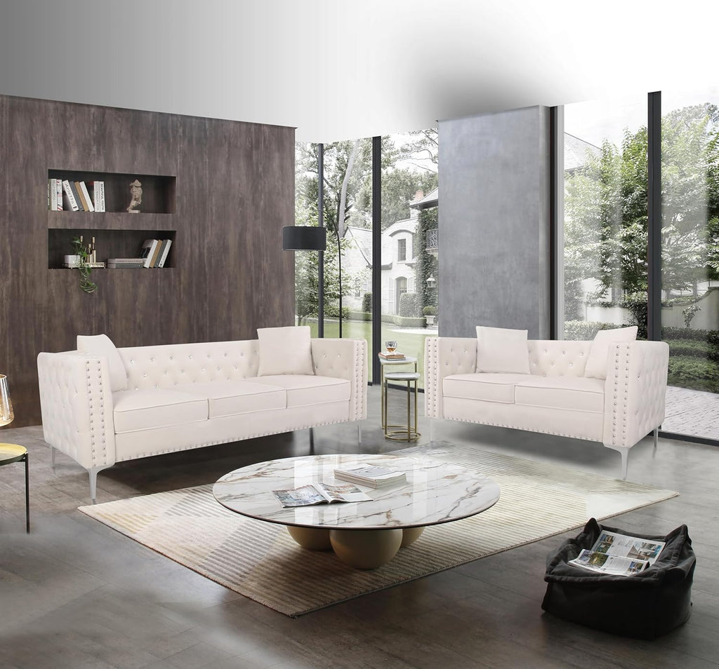 Beige Velvet Sofa and Loveseat Set O27761