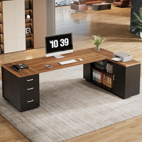 85.8-Inch L-Shaped Executive Desk with File Drawers, Door Cabinet & Shelves, White & Brown K153