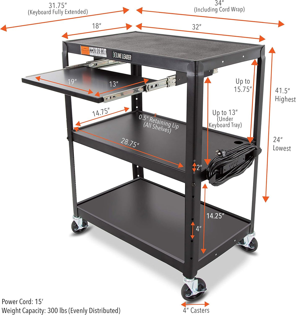 Large AV Cart with Retractable Keyboard Tray Height Adjustable Utility Cart Black 34in x 18in x 42in X34054