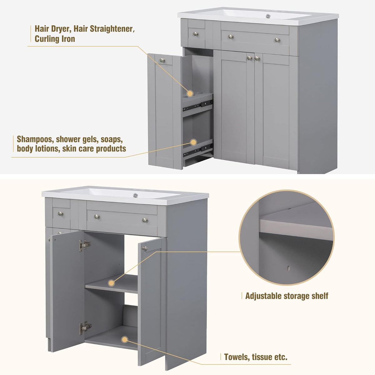 30" Grey Bathroom Vanity with Single Sink M907