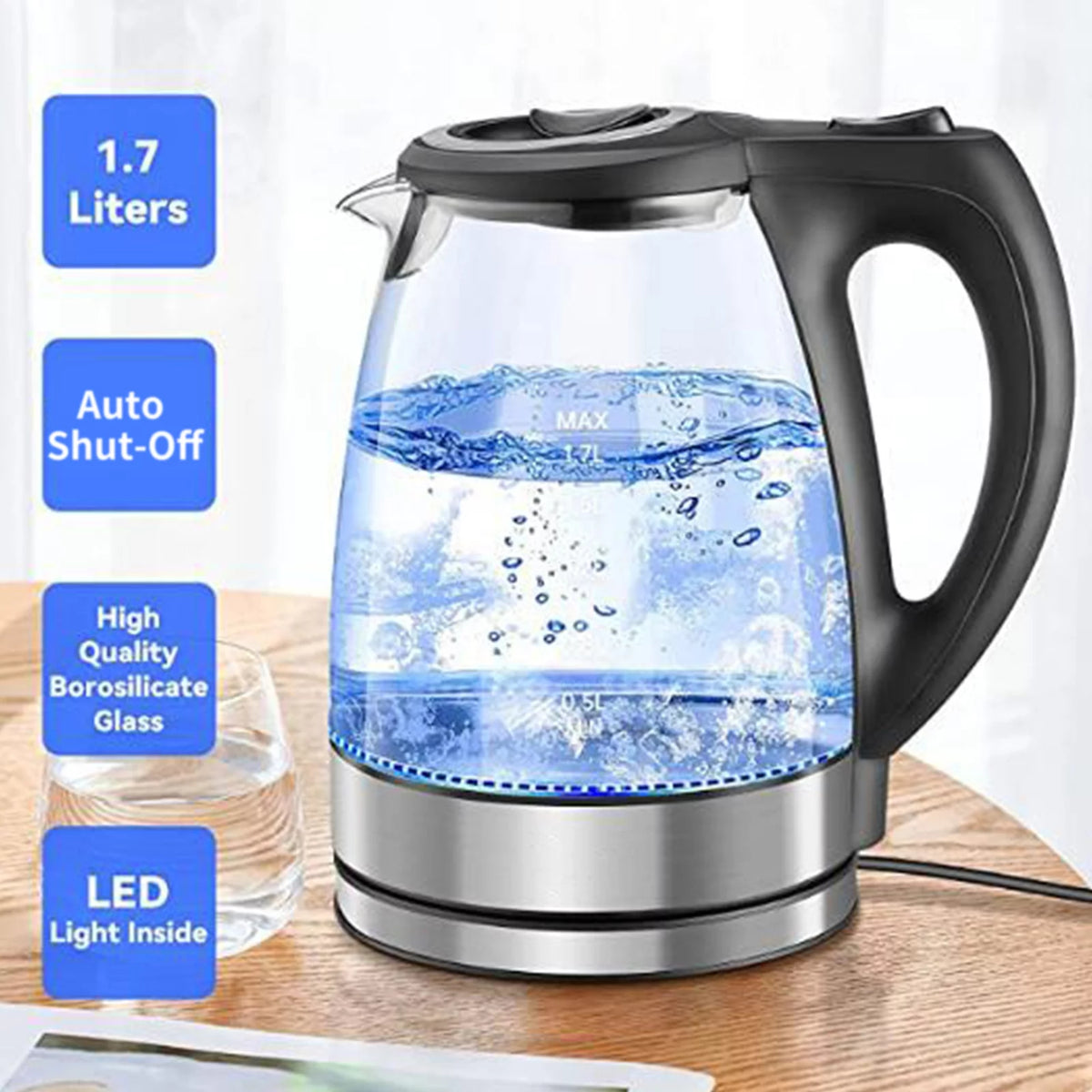 1.7L Glass Electric Kettle with Auto Shut-Off U8407