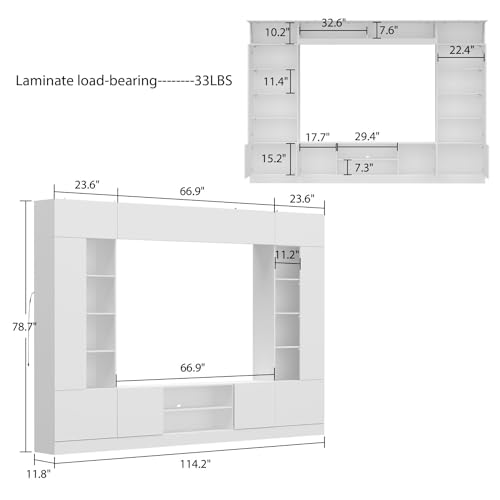 White Entertainment Center with Bookshelves and Doors 81.1"W x 11.8"D x 70.9"H P70708