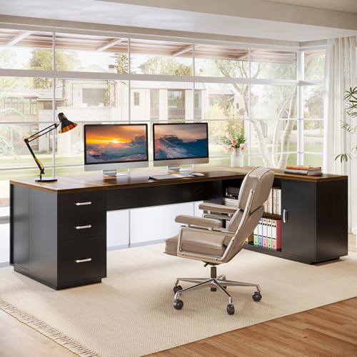85.8-Inch L-Shaped Executive Desk with File Drawers, Door Cabinet & Shelves, White & Brown K153