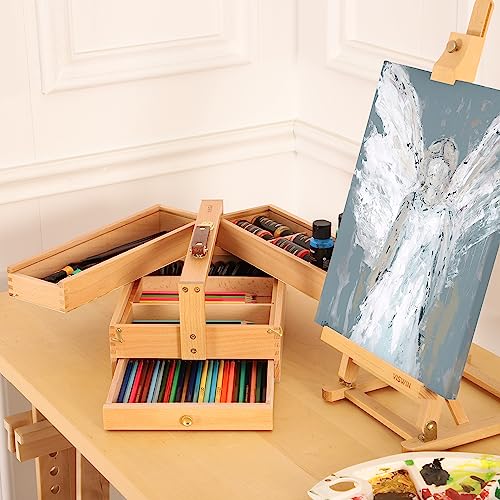 Solid Beech Wooden Artist Storage Box with Drawer, Three Layers, 13 1/2" x 9 1/2" x 5" Q771