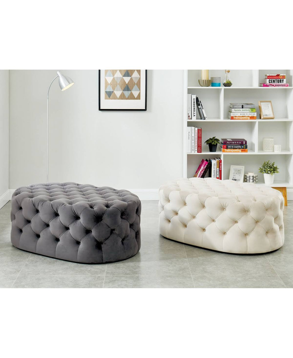 Beige Tufted Oval Ottoman V9023