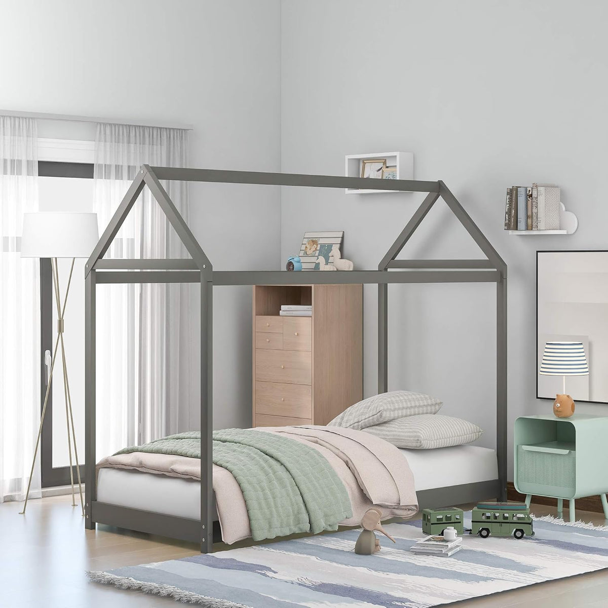 Twin Size Wood House Bed Frame with Fence G158549