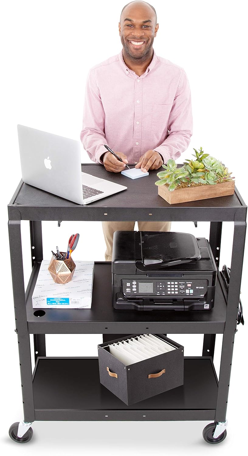 Large AV Cart with Retractable Keyboard Tray Height Adjustable Utility Cart Black 34in x 18in x 42in X34054
