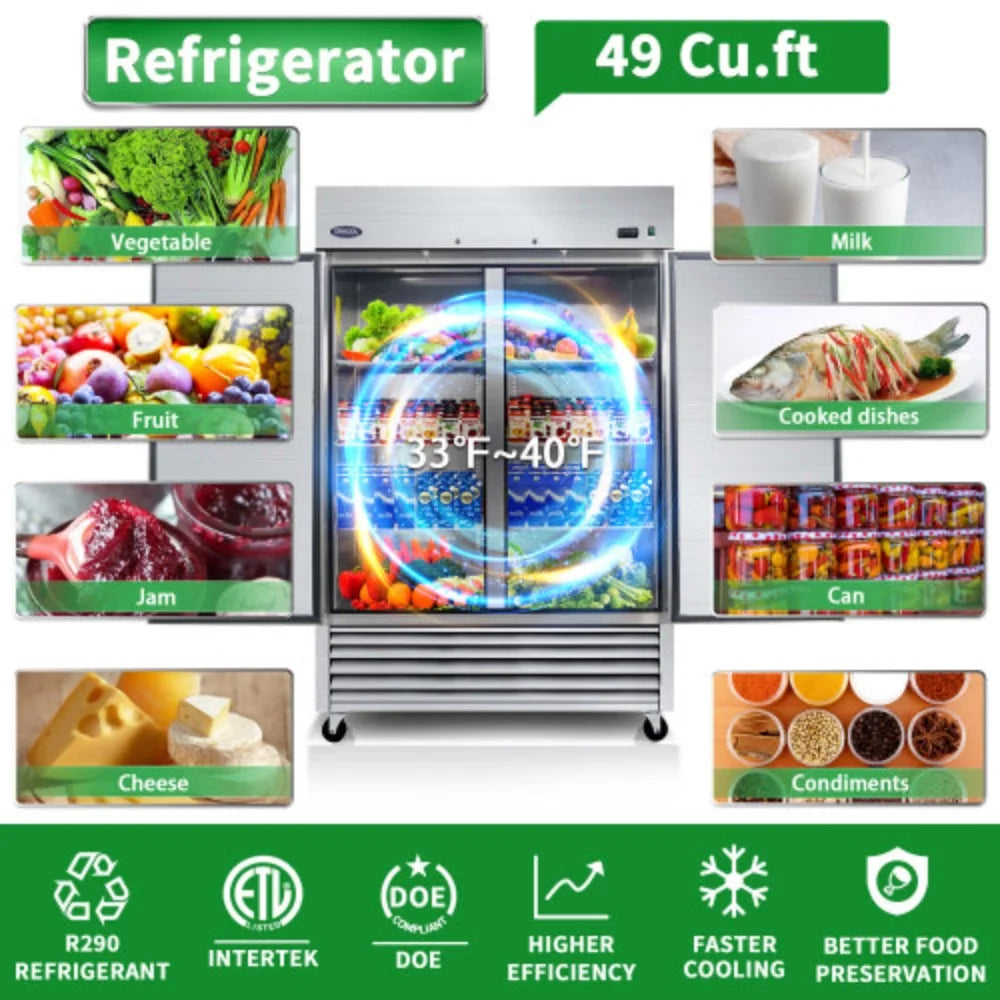 54" Commercial Refrigerator 49 Cu.ft 2 Solid Door Reach-In Stainless Steel Upright Fridge A50371