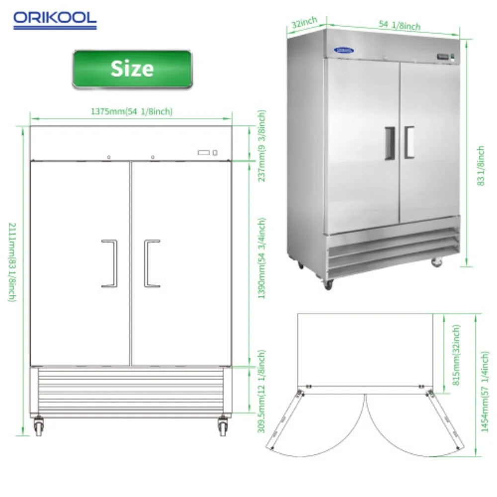 54" Commercial Refrigerator 49 Cu.ft 2 Solid Door Reach-In Stainless Steel Upright Fridge A50371