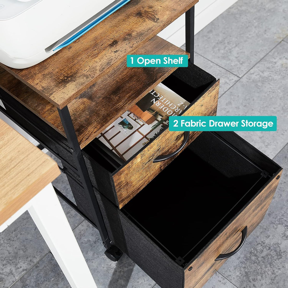 Rustic Brown Black 2 Drawer Rolling File Cabinet with Shelves M935838