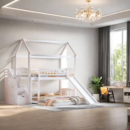 Twin Over Full Bunk Bed with Stairs and Slide, Gray S561