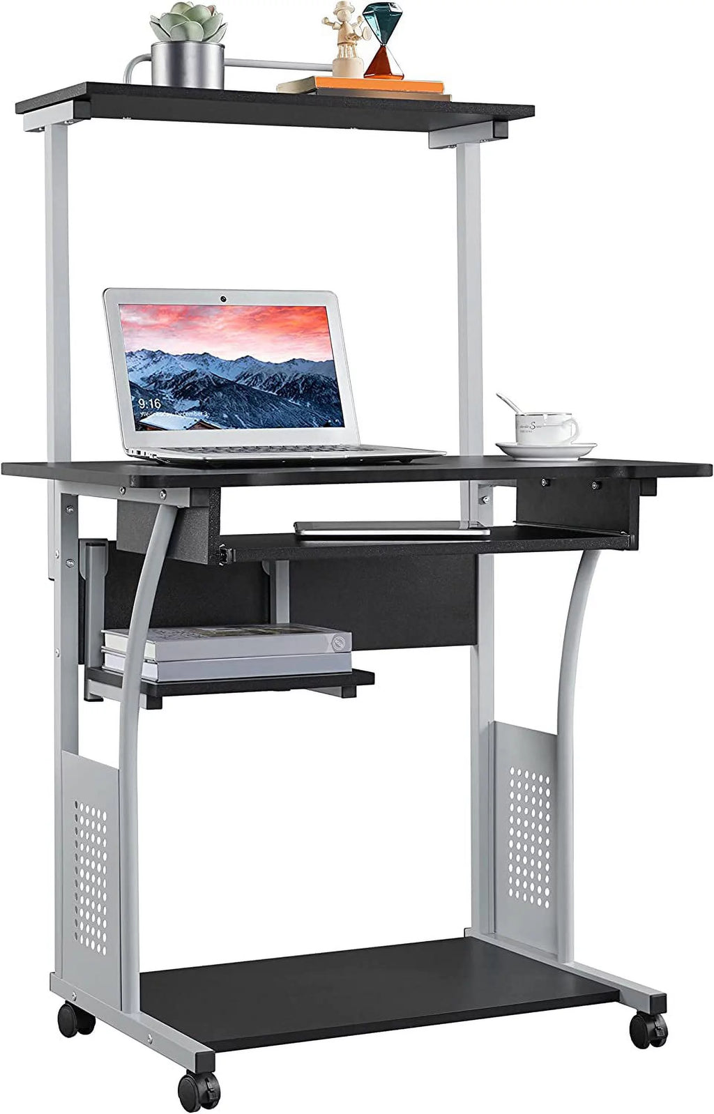 Black 2 Tier Rolling Computer Desk with Keyboard Tray C73135