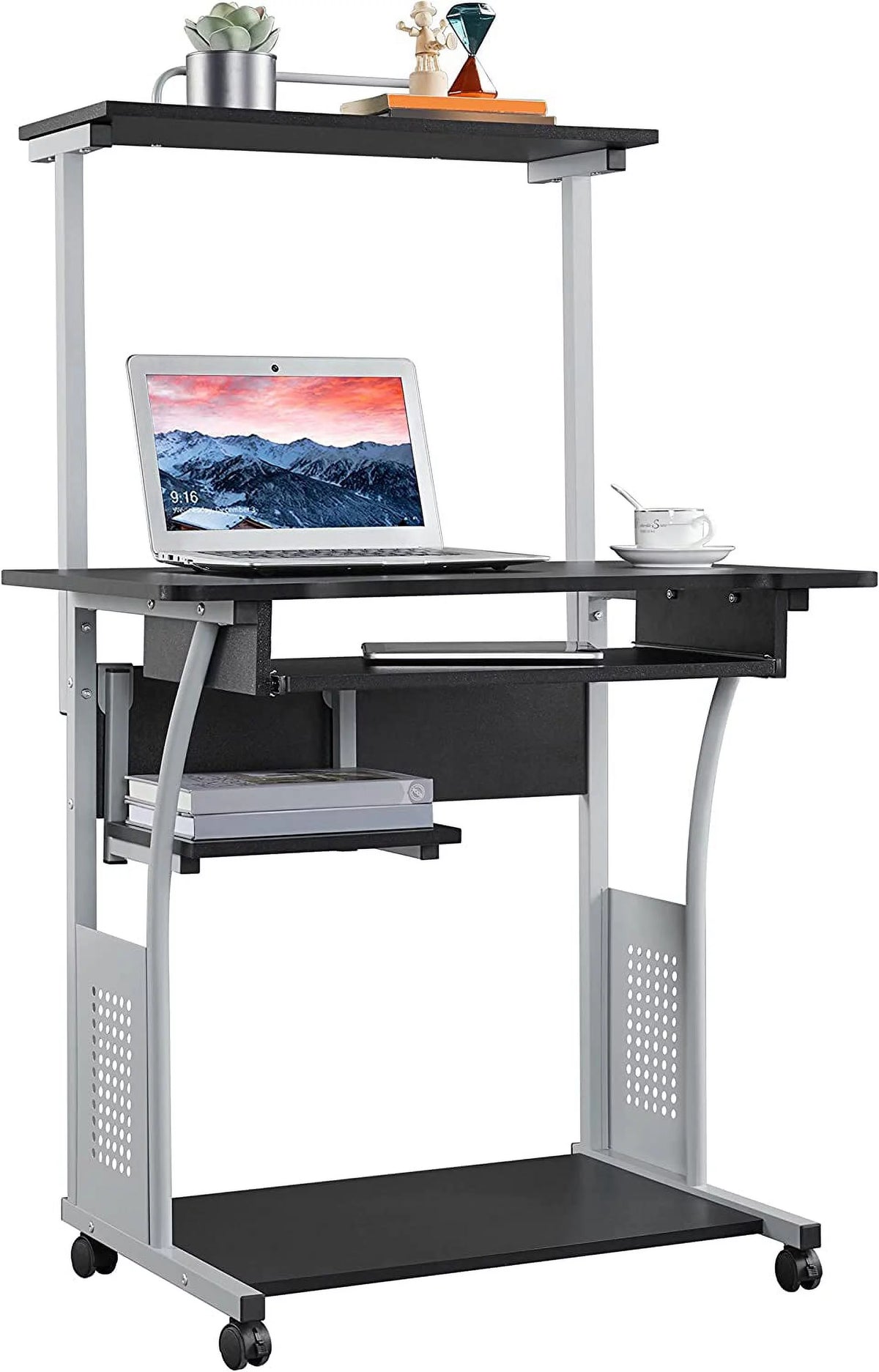 Black 2 Tier Rolling Computer Desk with Keyboard Tray C73135