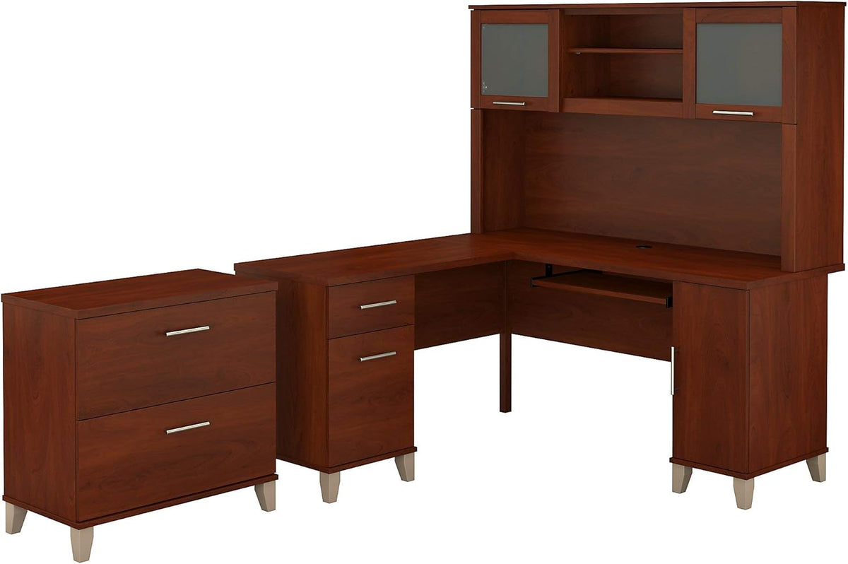 60W L Shaped Desk with Hutch and Lateral File Cabinet G447