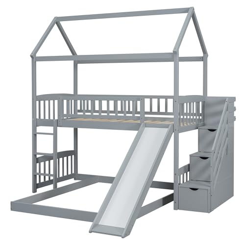 Twin Over Full Bunk Bed with Stairs and Slide, Gray S561