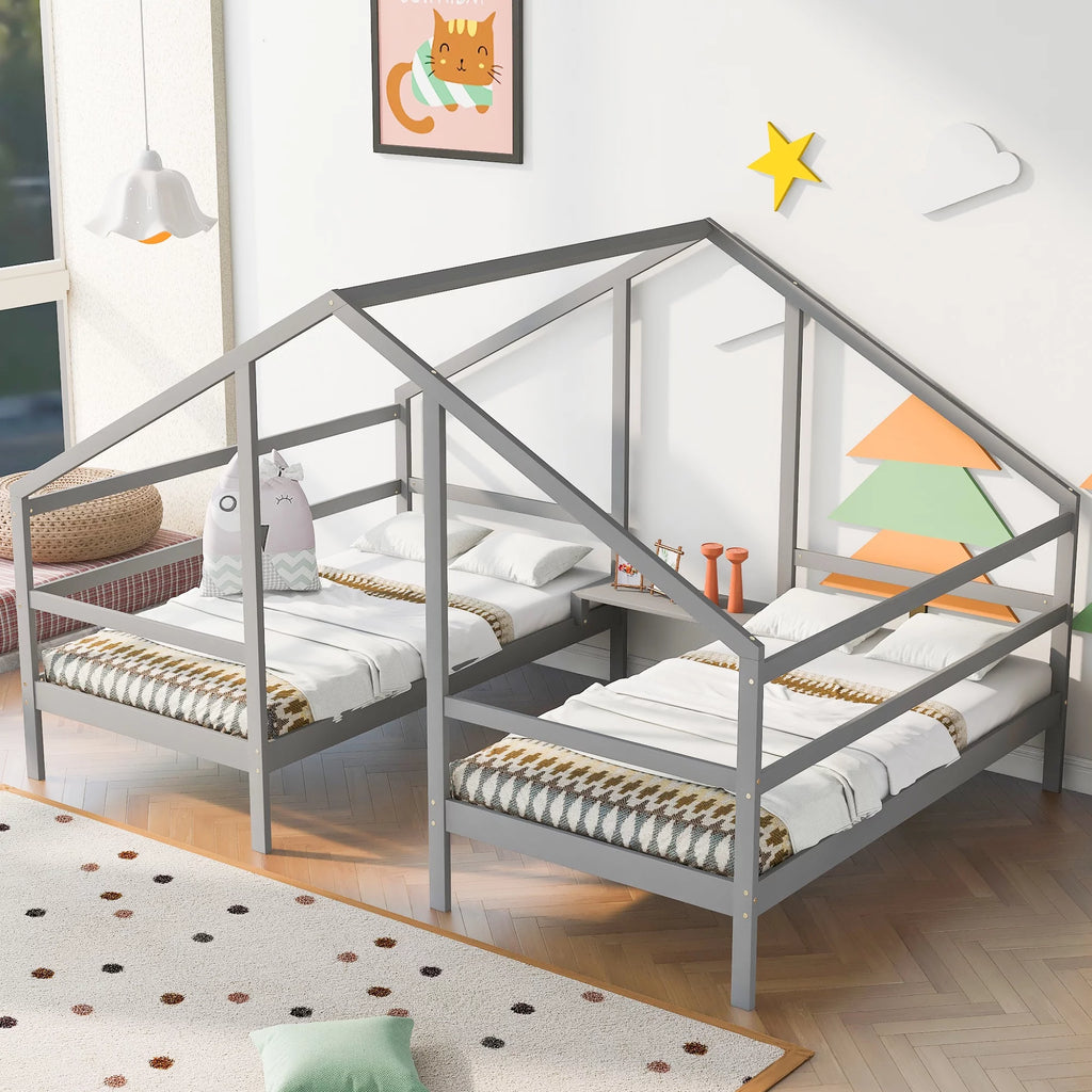 Twin Size Triangular House Beds with Built-in Table Gray I4145