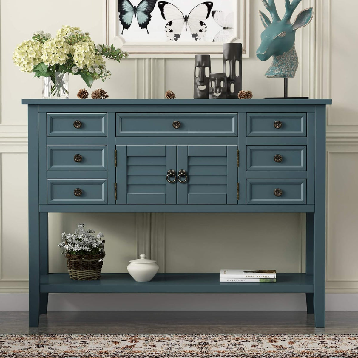 Solid Wood Console Table with 7 Drawers, 1 Cabinet and Shelf, Blue, 45.3x15x33.7 in F140