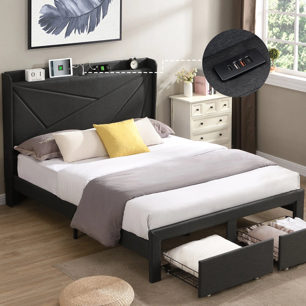 Queen Size Bed Frame with 2 Storage Drawers Dark Gray Q919