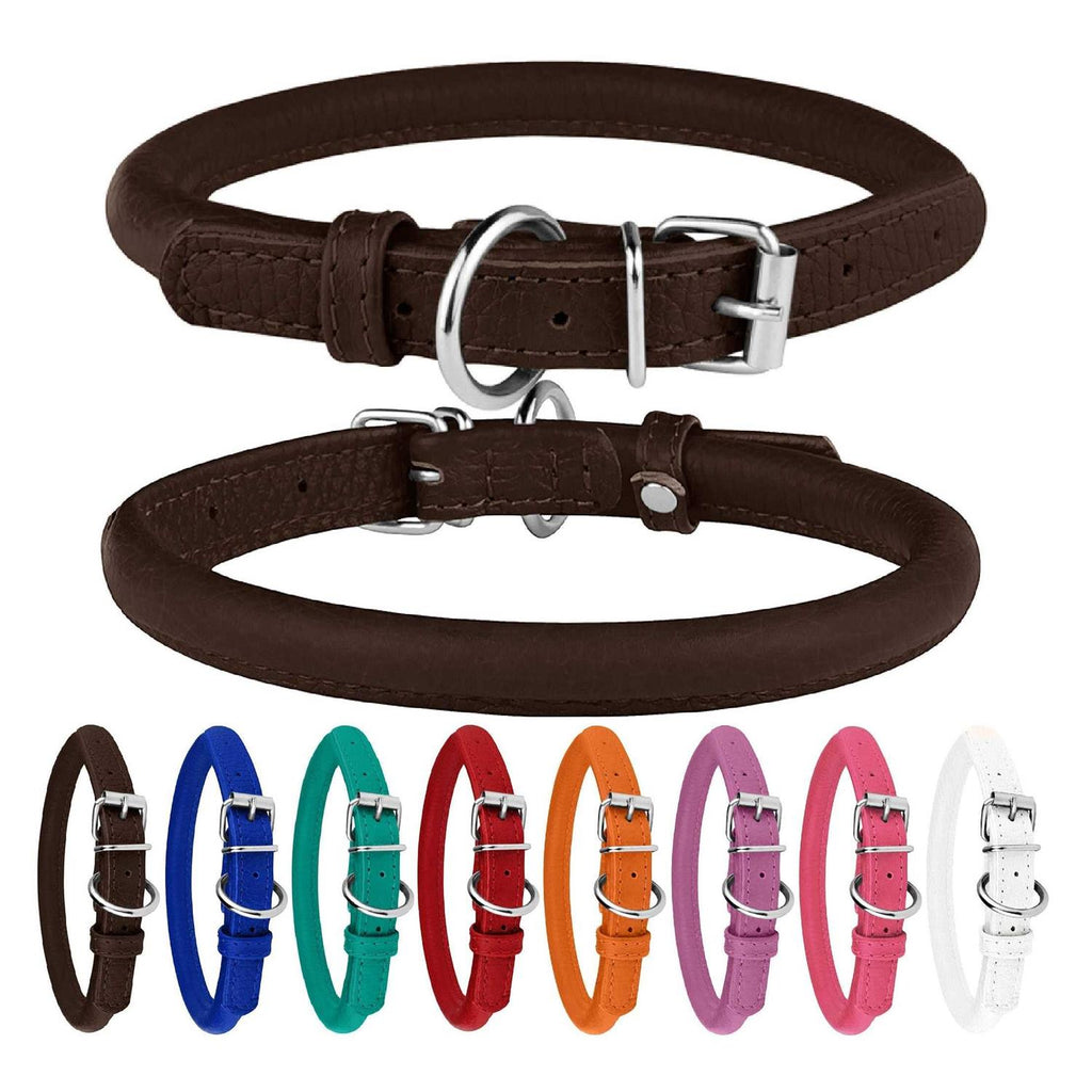 Rolled Leather Dog Collar with QR ID Dog Tag H326