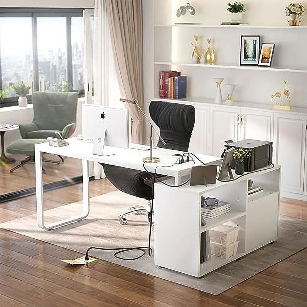 55 Inch Black L Shaped Computer Desk with File Cabinet and Drawers A2423