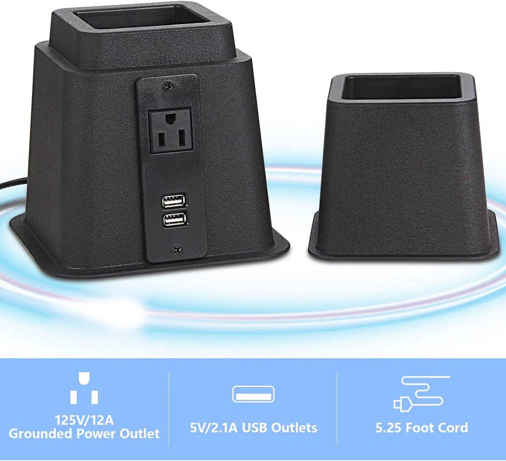 Black Set of 4 Adjustable Bed Riser with Power Outlet and USB Ports T945