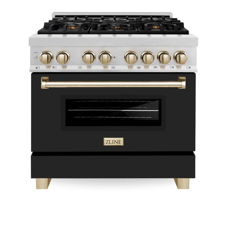 6-Burner Dual Fuel Range with Black Matte Door in Stainless Steel and Polished Gold M908