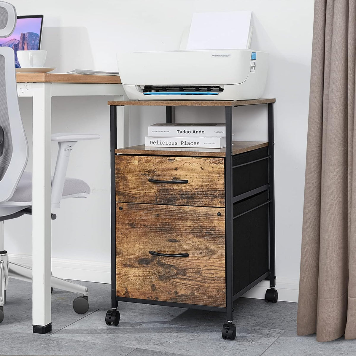Rustic Brown Black 2 Drawer Rolling File Cabinet with Shelves M935838