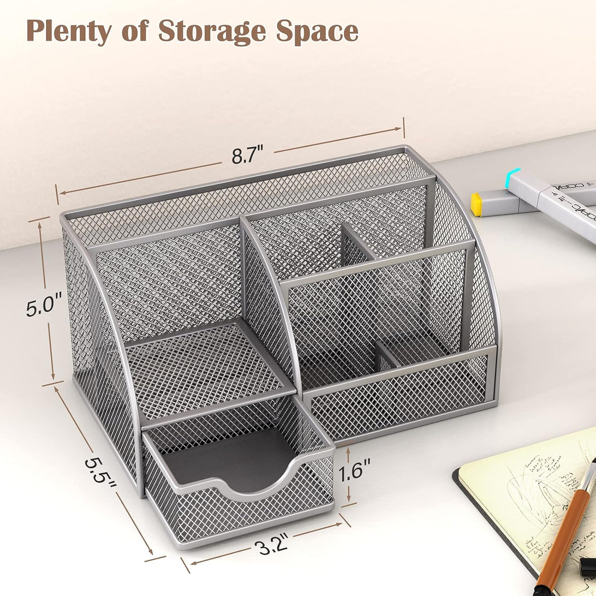 Metal 6 Compartment Desk Organizer with Drawer, Pack of 2 D738579