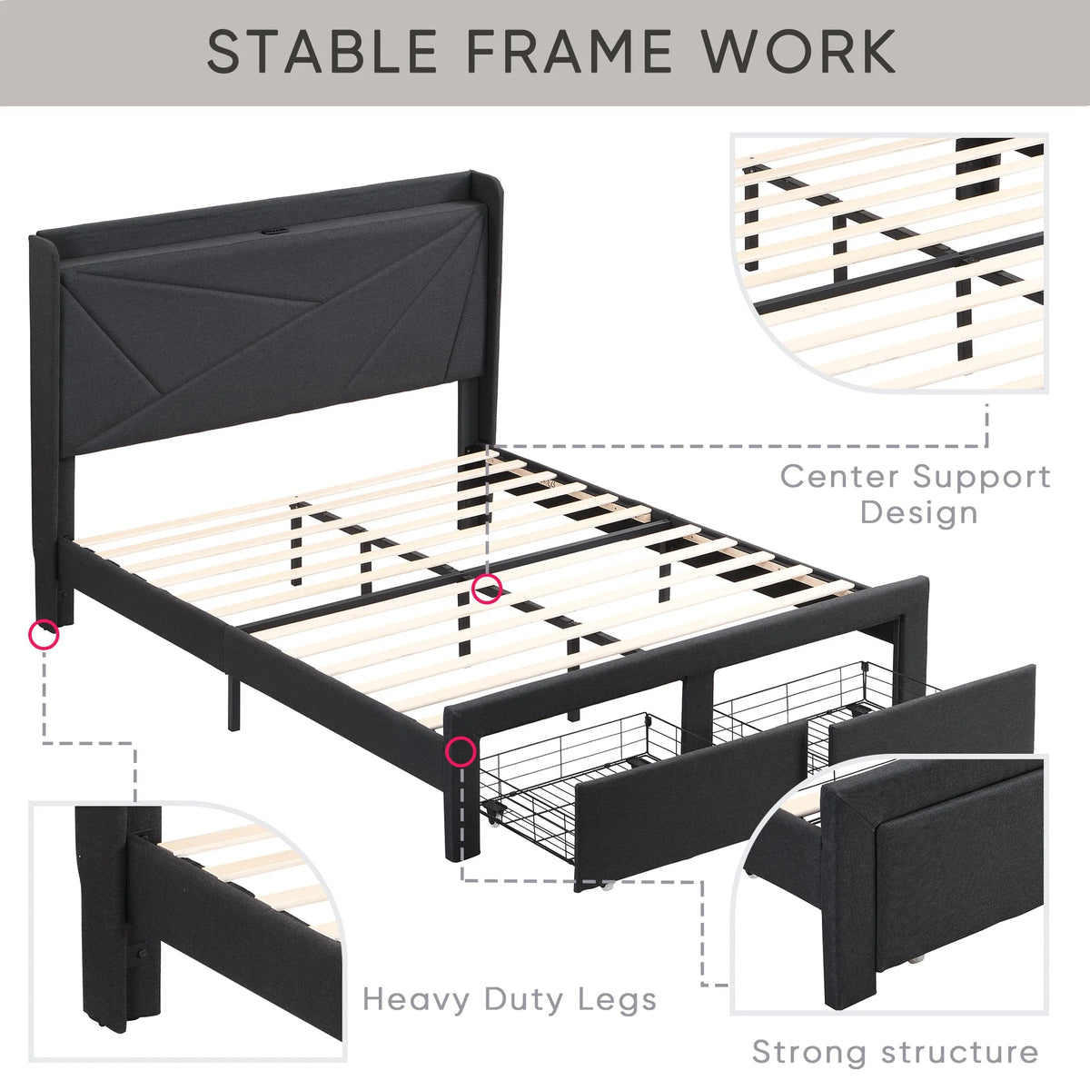 Queen Size Bed Frame with 2 Storage Drawers Dark Gray Q919