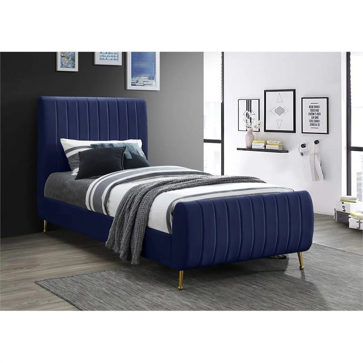 Navy Velvet Twin Bed P59850