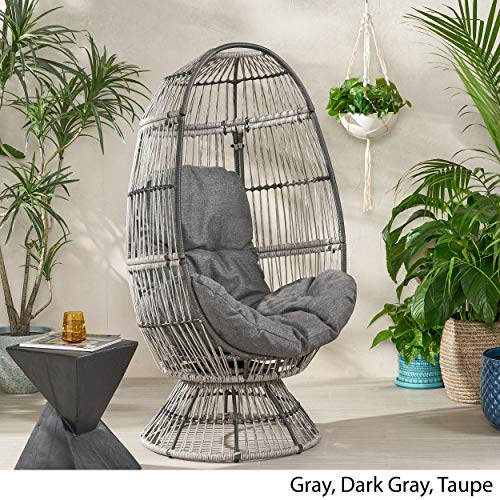 Light Brown Beige Wicker Swivel Egg Chair with Cushion N3997