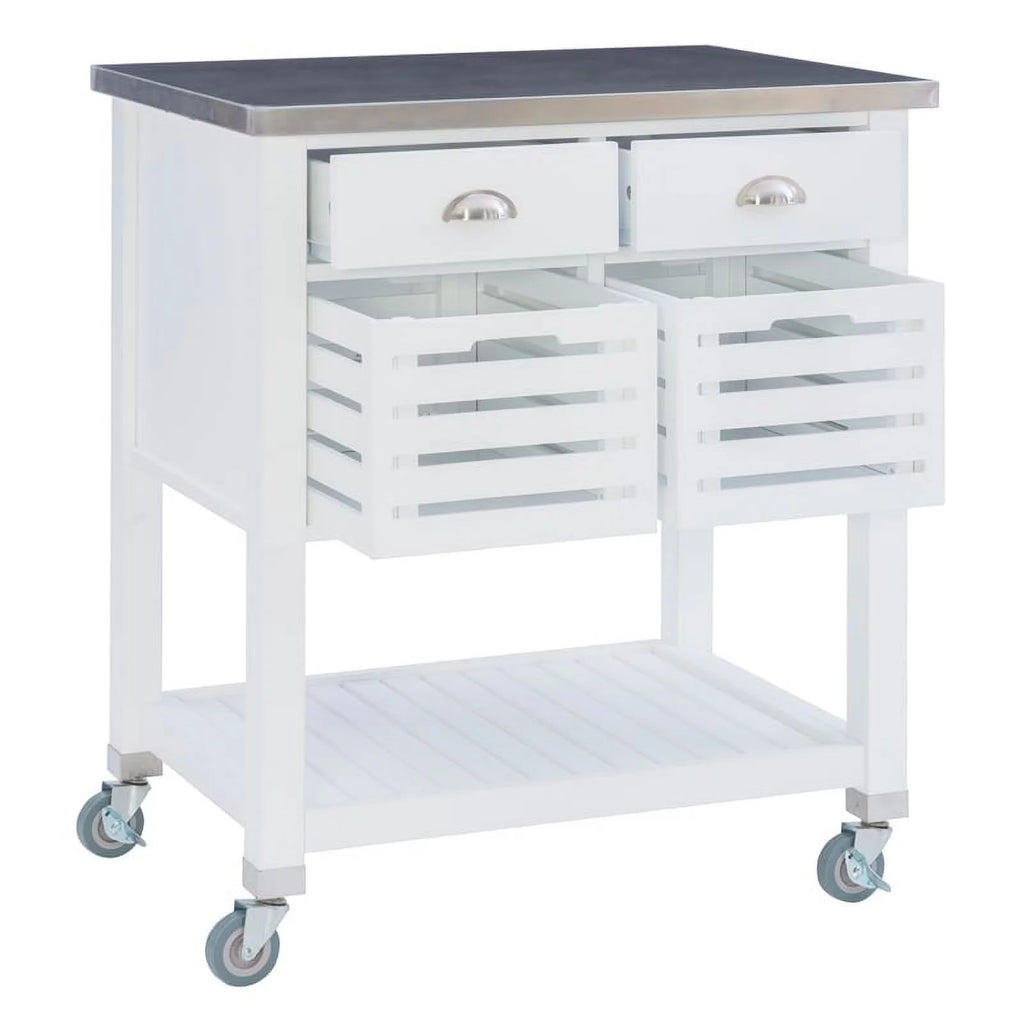 White Wood Stainless Steel Top Kitchen Cart D36766