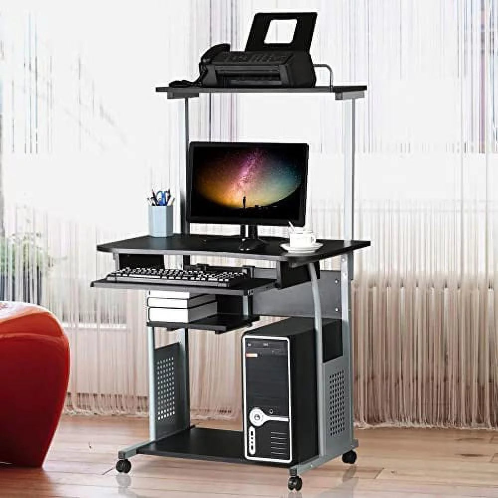 Black 2 Tier Rolling Computer Desk with Keyboard Tray C73135