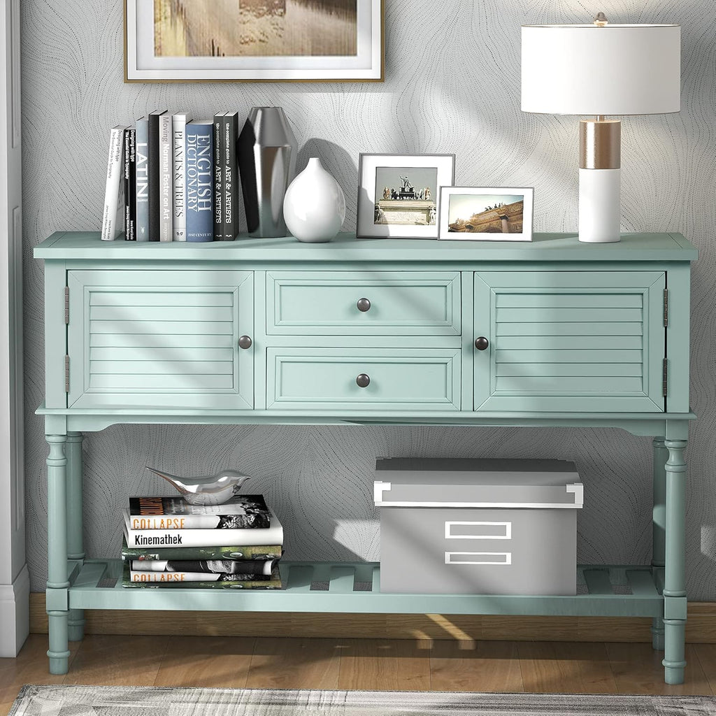 Solid Wood Console Table with 7 Drawers, 1 Cabinet and Shelf, Blue, 45.3x15x33.7 in F140