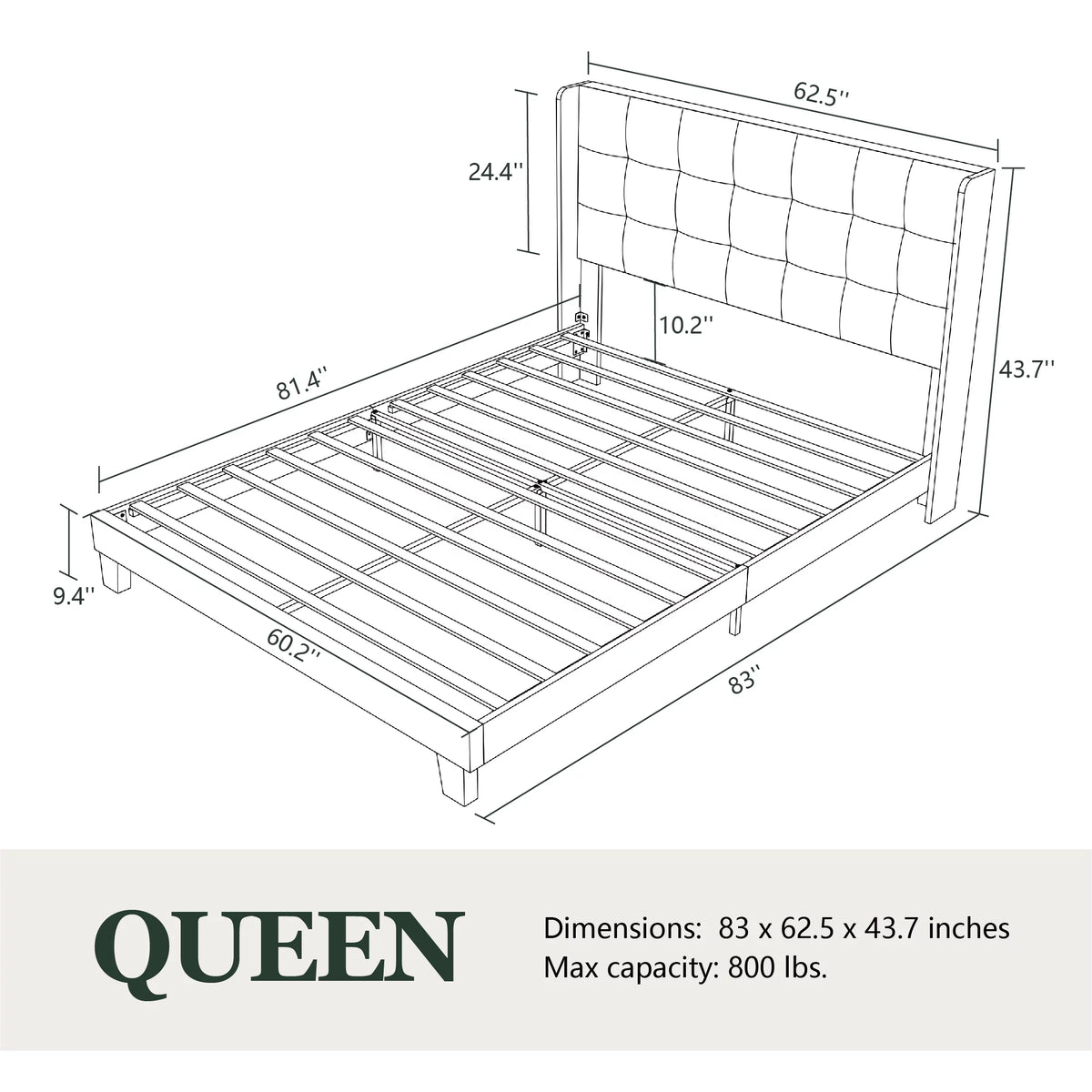 Queen Size Platform Bed Frame with Wingback Headboard R3752