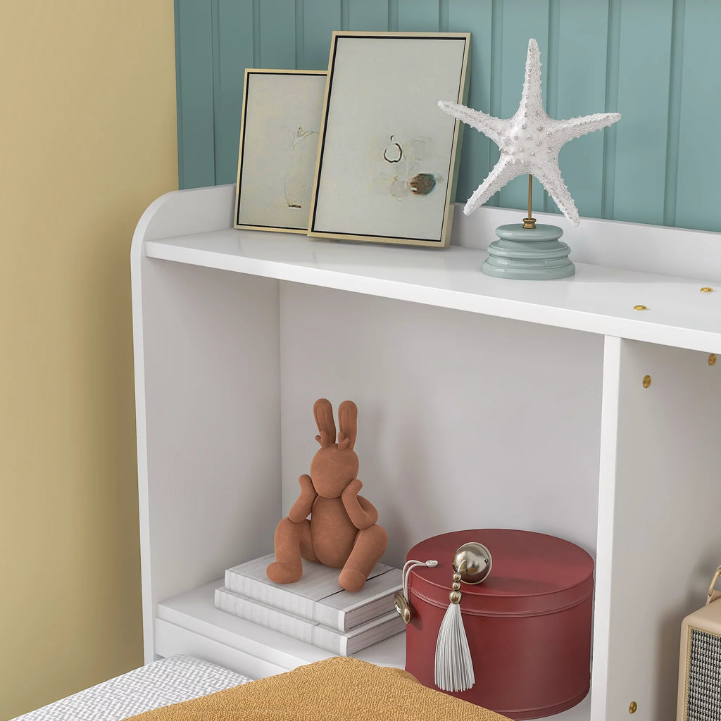 White Twin Bed with Bookcase and Trundle I8040