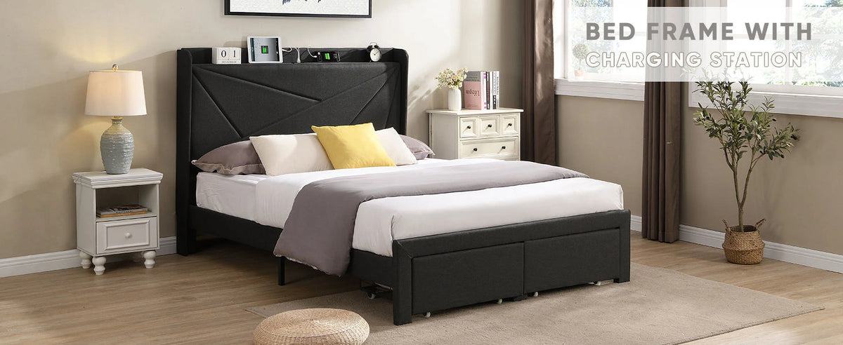 Queen Size Bed Frame with 2 Storage Drawers Dark Gray Q919