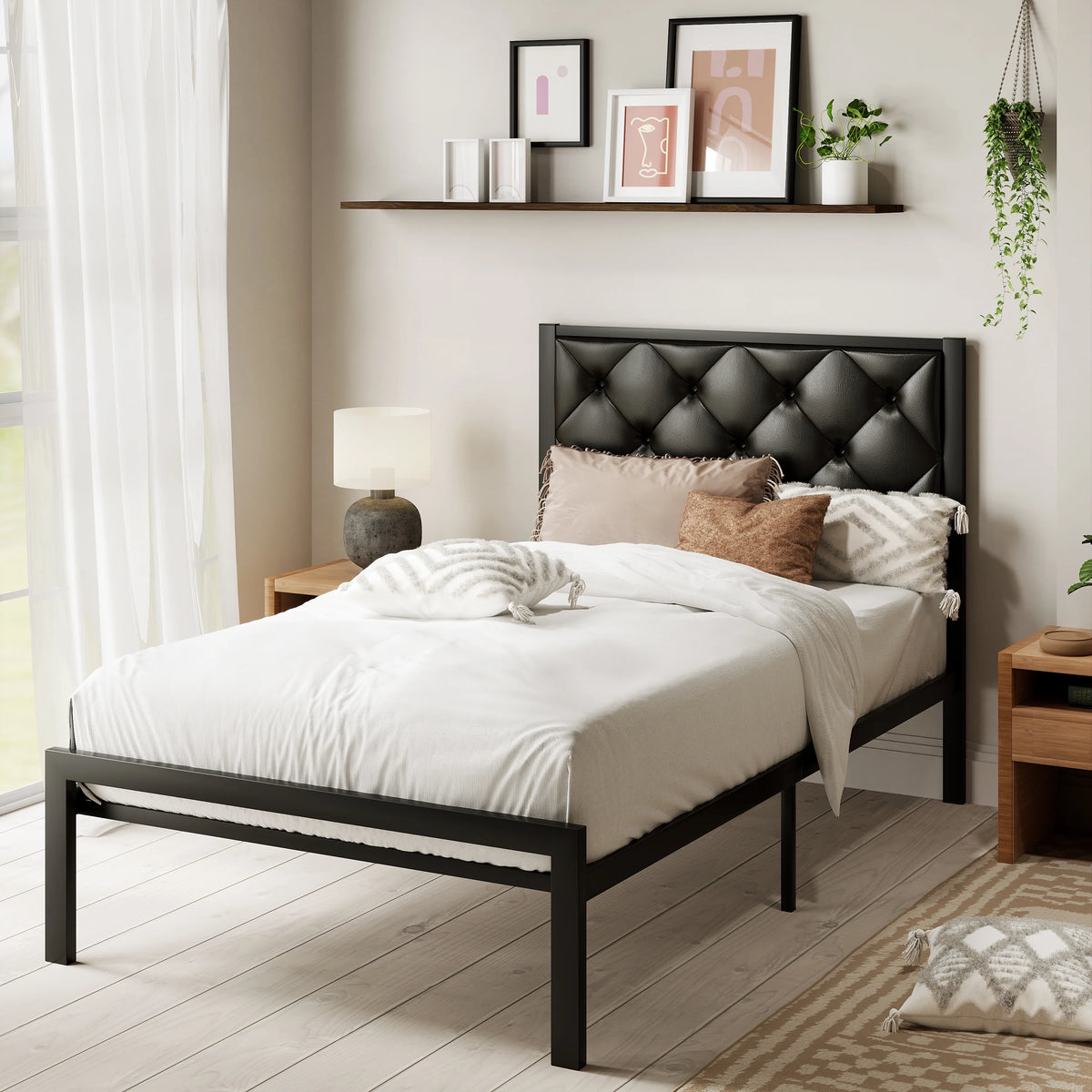 Queen Size Metal Platform Bed Frame with Headboard & Underbed Storage N99763