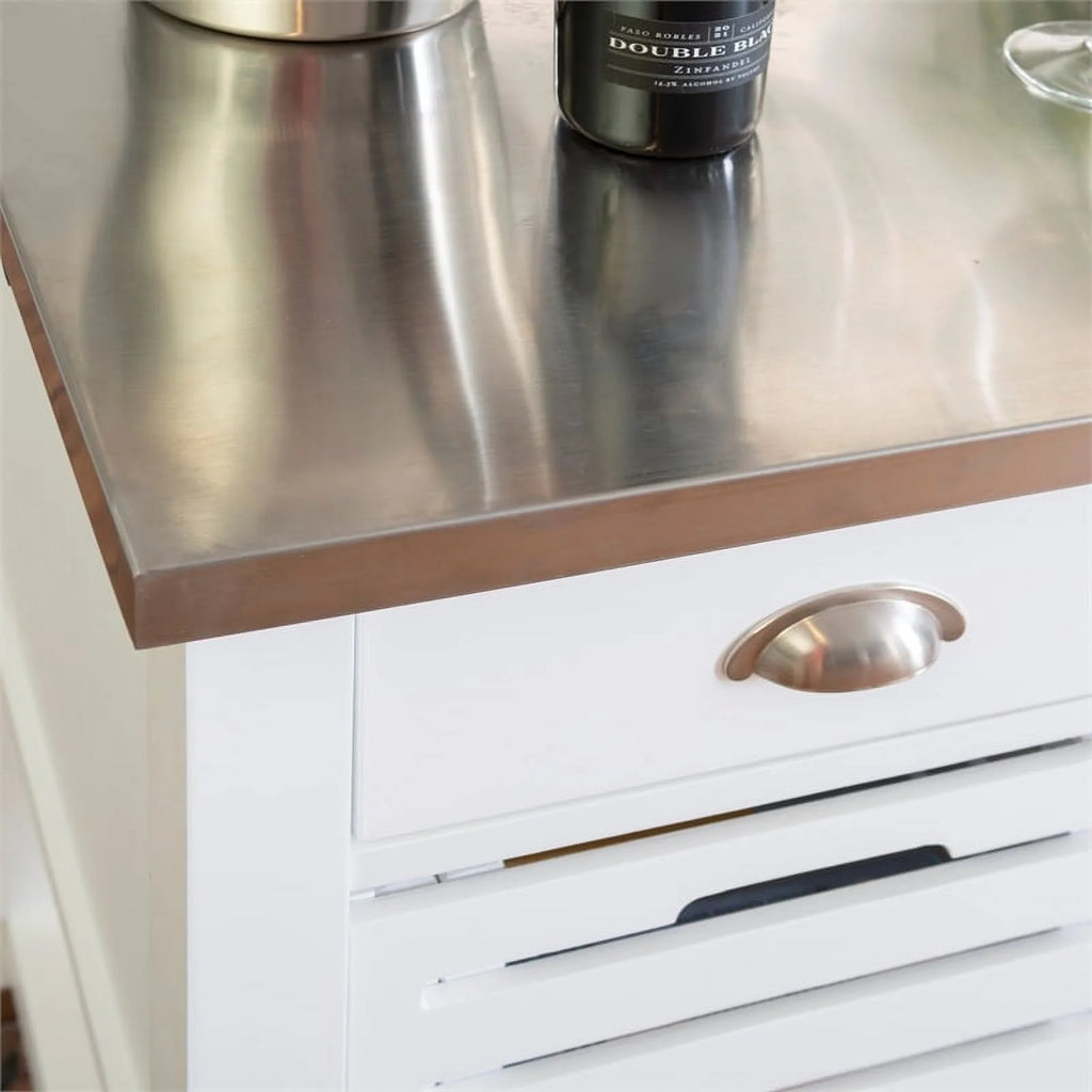White Wood Stainless Steel Top Kitchen Cart D36766