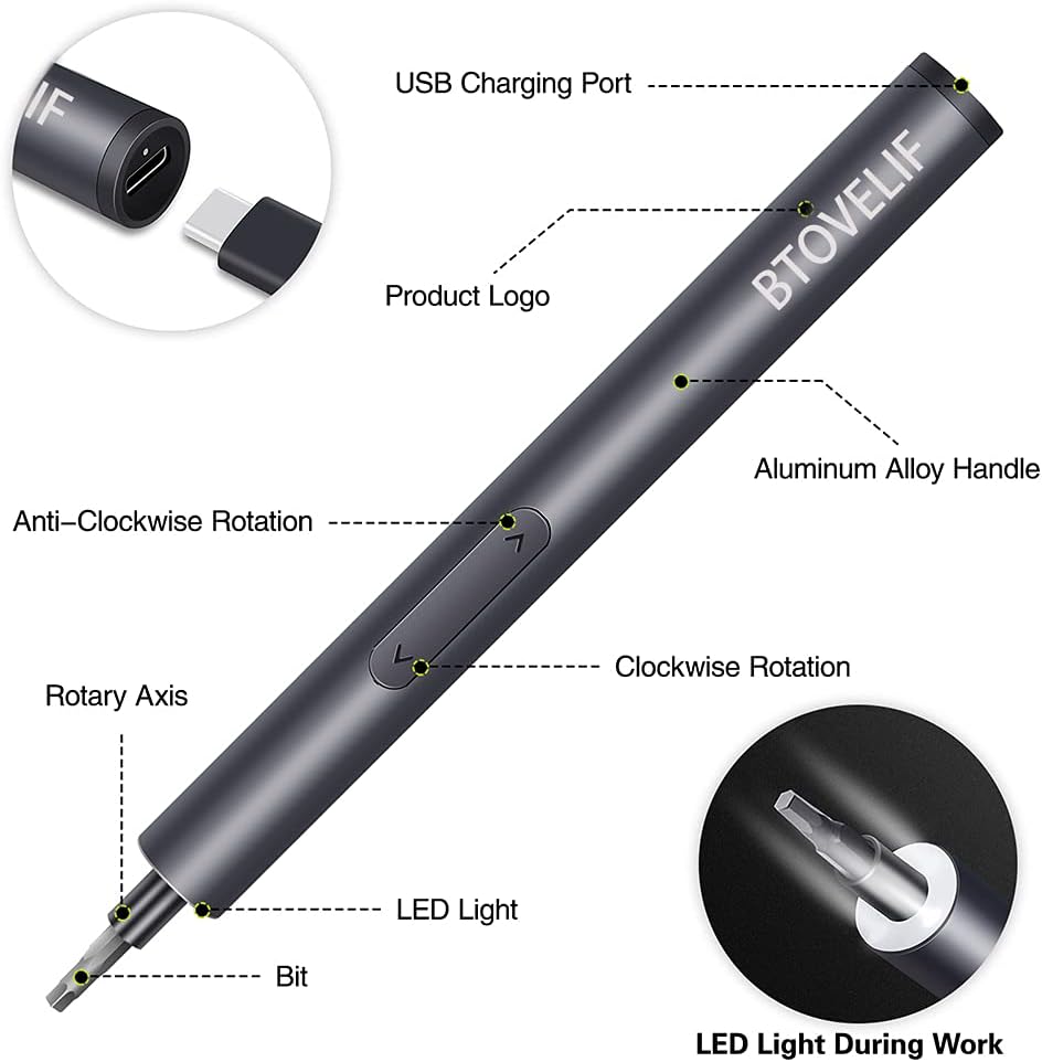 Mini Electric Screwdriver with 60 Magnetic Precision Bits, 3.7V Rechargeable T8449