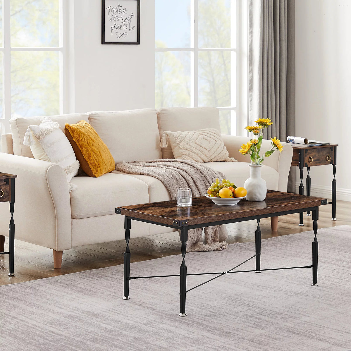 Rectangle Coffee Table with Metal Frame, Rustic Brown P81753