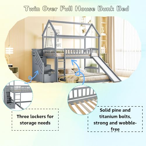 Twin Over Full Bunk Bed with Stairs and Slide, Gray S561