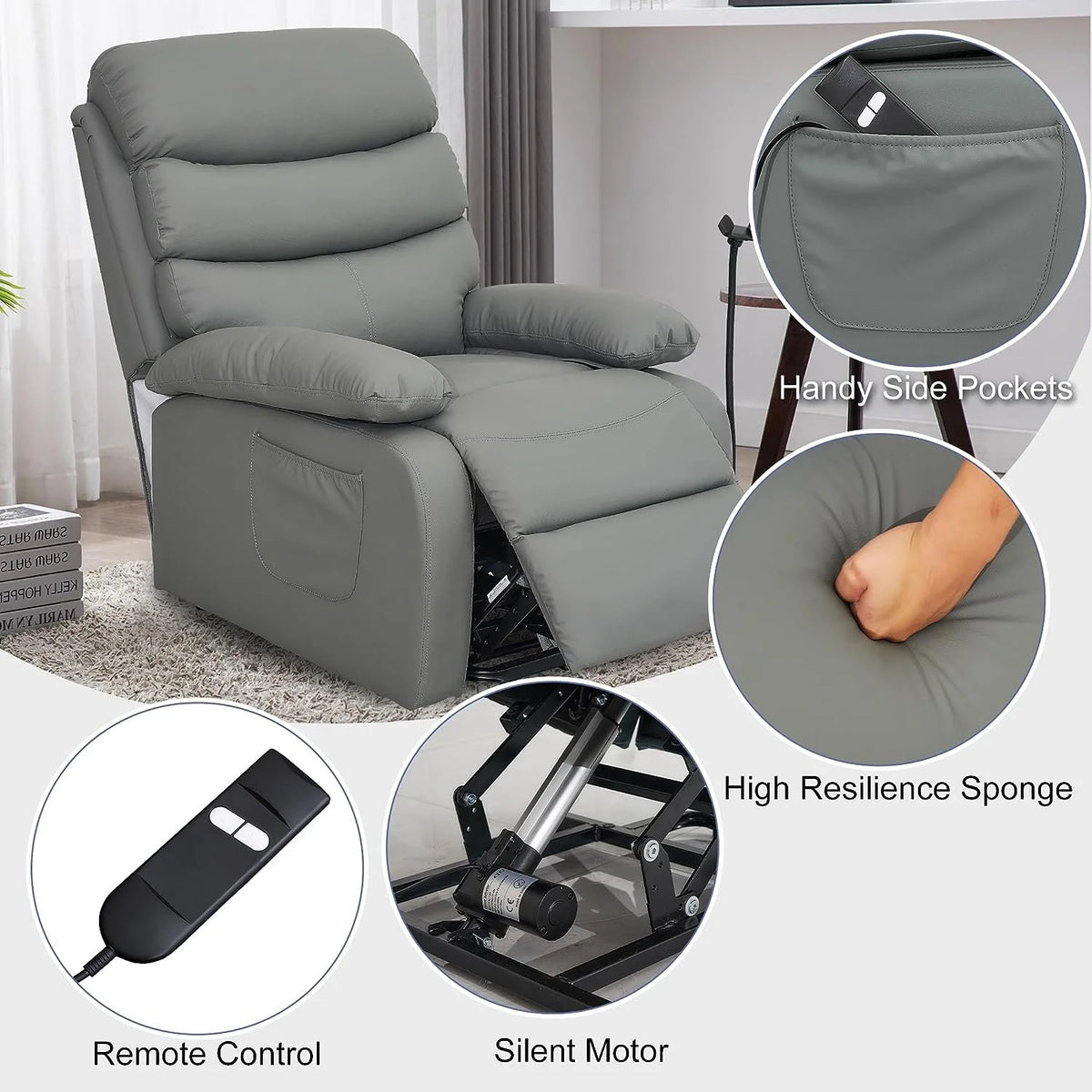 Dark Gray Micro Leather Power Lift Recliner Chair with Remote B464