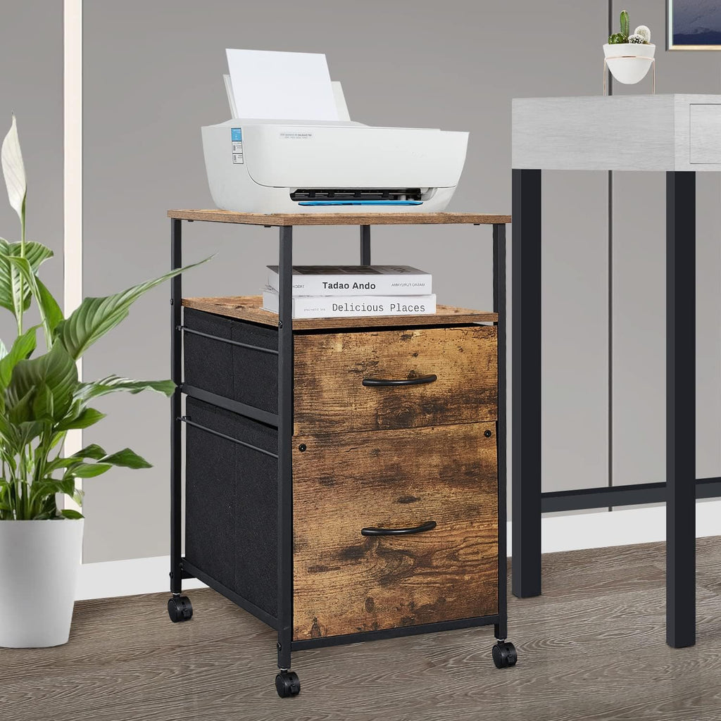 Rustic Brown Black 2 Drawer Rolling File Cabinet with Shelves M935838