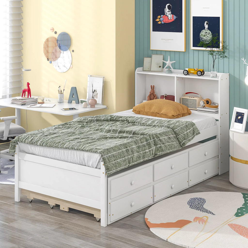 White Twin Bed with Bookcase and Trundle I8040